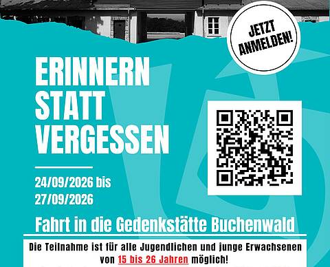 Farbiger Flyer der Katholischen Jungen Gemeinde für die Gedenkstättenfahrt 2026 nach Buchenwald