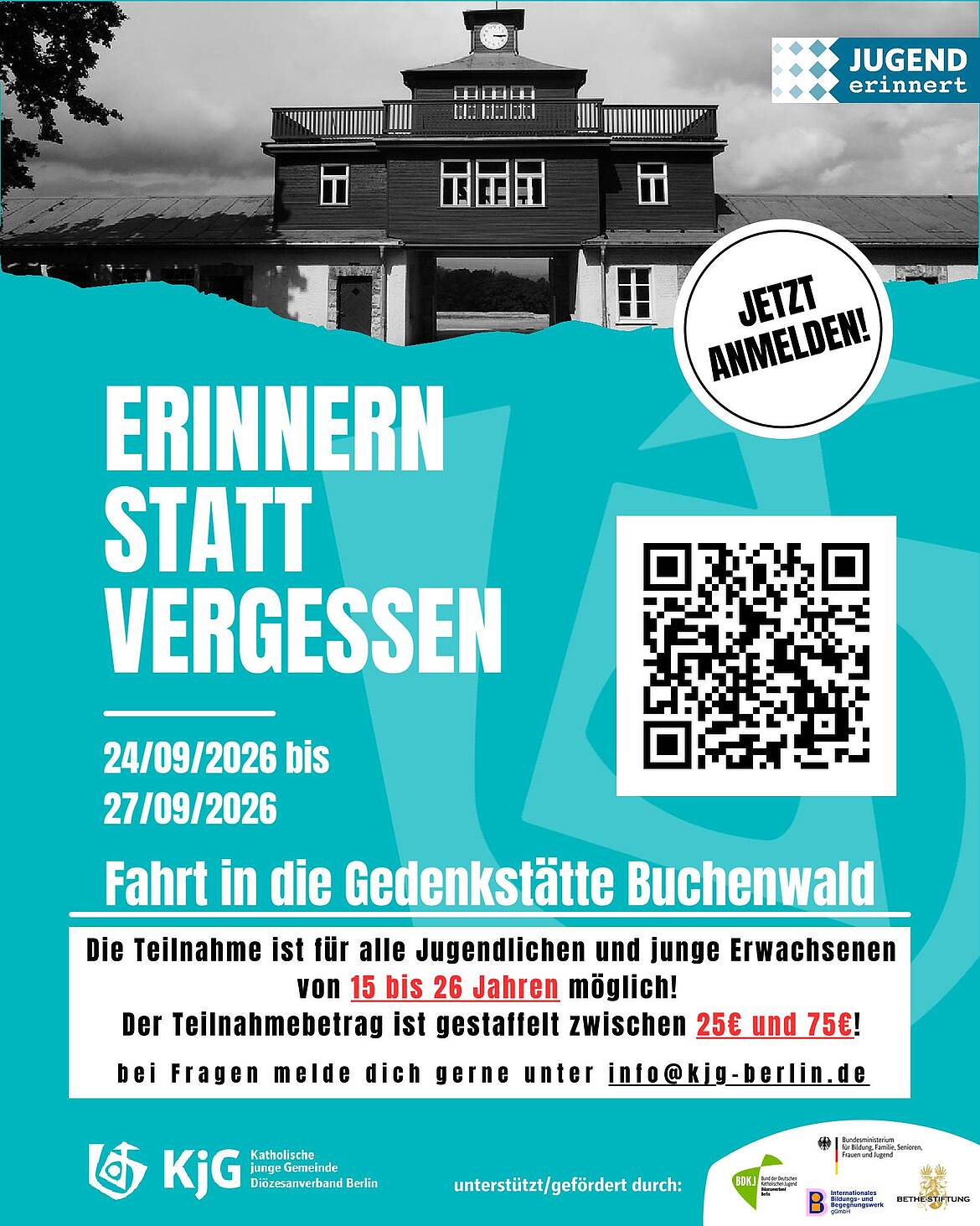Farbiger Flyer der Katholischen Jungen Gemeinde für die Gedenkstättenfahrt 2026 nach Buchenwald