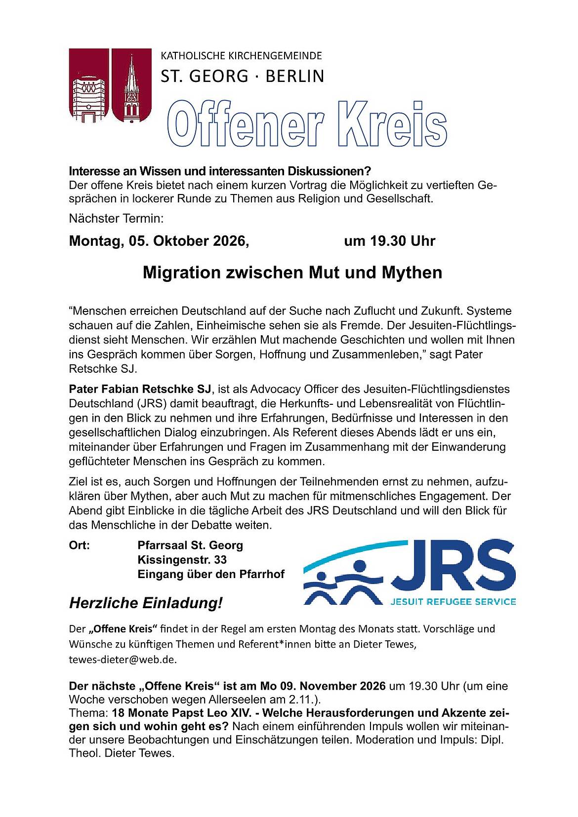 Flyer für den offenen Kreis am 5. Oktober 2026 - Thema: Migration zwischen Mut und Mythen