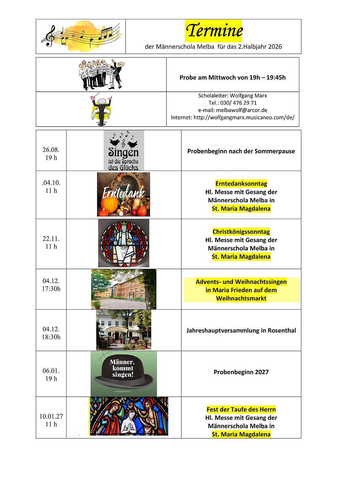 Programm der Männerschola MELBA für das zweite Halbjahr 2026
