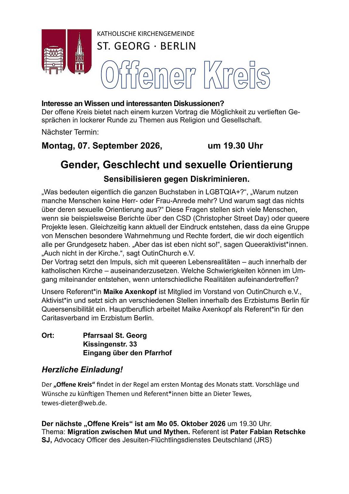 Flyer für den offenen Kreis am 7. September 2026 - Thema: Gender, Geschlecht und sexuelle Orientierung