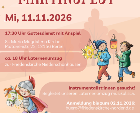 Farbenfrohes Plakat mit Einladung zum Martinsfest ab 17:30 Uhr in Sankt Maria Magdalena und anschließendem Laternenumzug zur Friedenskirche